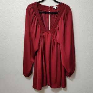 Lalavon Deep V Smocked Edge Open Back Elegant Red Long Sleeve Mini Dress Large